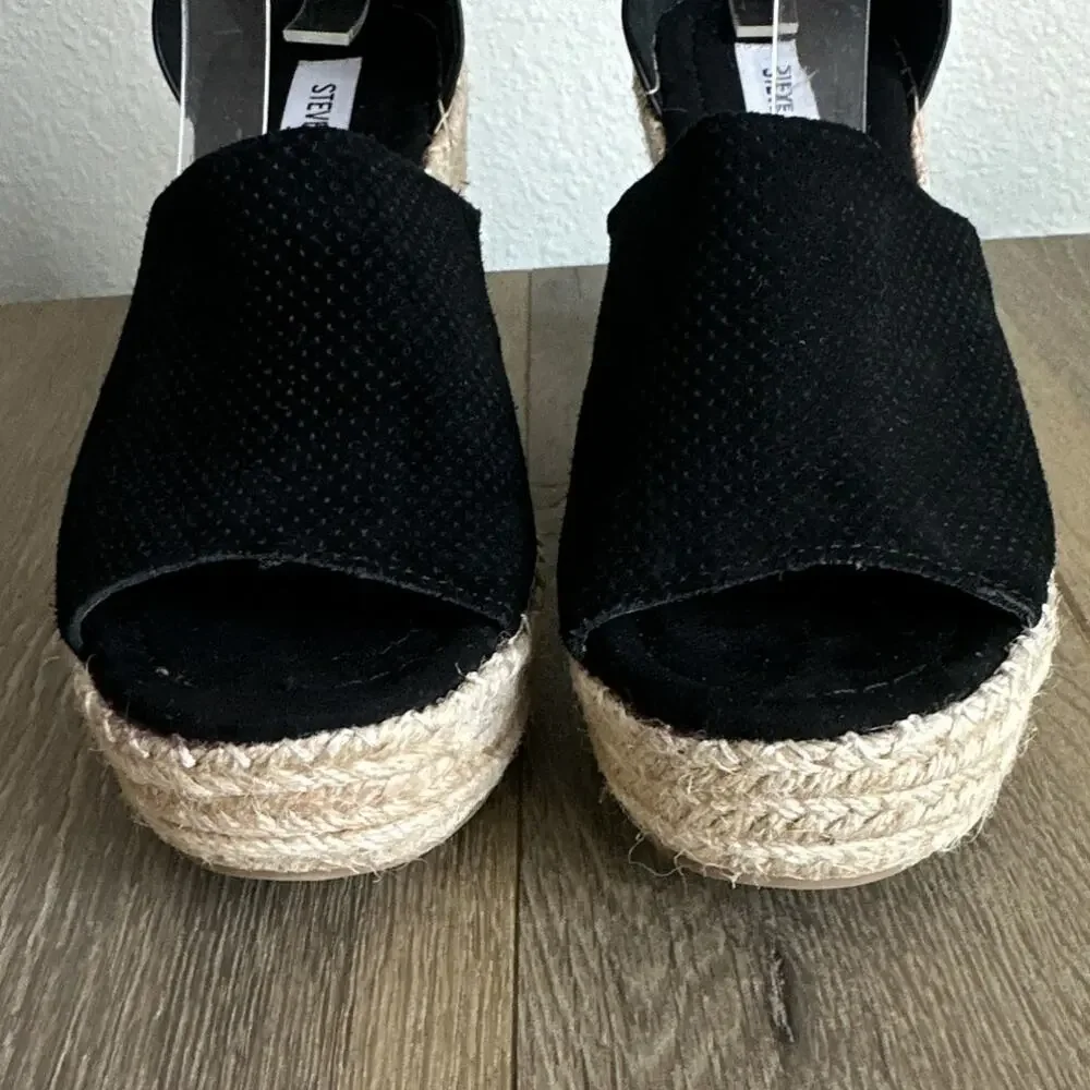 Steve Madden Josey Espadrille Wedge Sandal Women Black Perforated Suede Sz 8